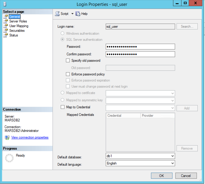 MSSQL login user configuration