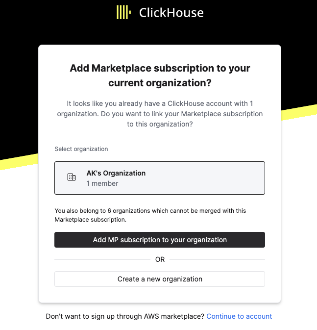 Интерфейс ClickHouse Cloud, показывающий, как добавить подписку из маркетплейса к су�ществующей организации