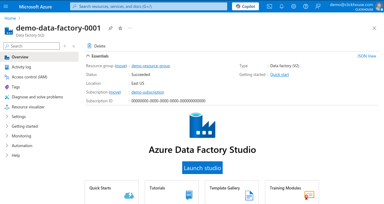 Страница Azure Portal Data Factory